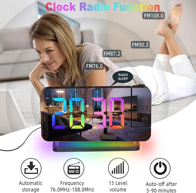 Projection Alarm Clock for Bedroom Ceiling, RGB Digital Clocks Radio - Image 3
