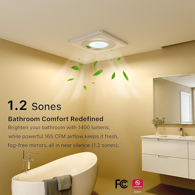 Bathroom Exhaust Fan with Light 165CFM Shower Bathroom Vent Fan with 11.8IN 15w - Image 3