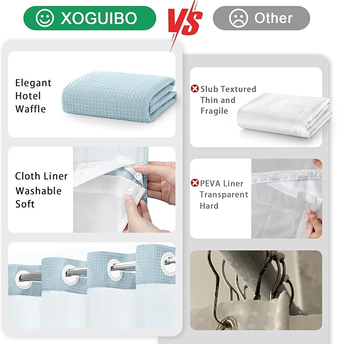 No Hook Shower Curtain and Liner Set, Teal Hotel Waffle Shower Curtain - Image 5