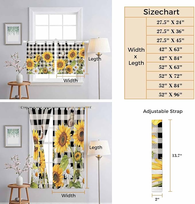 Sunflowers Kitchen Curtains 36 Inch Length, Small Window Curtains Tab Top - Image 8