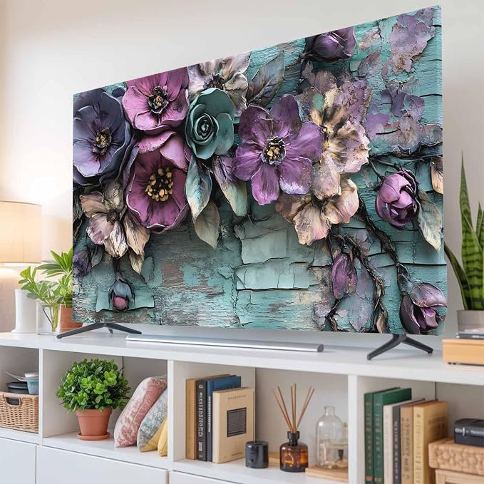 Vintage Flower Teal Mottled Wall Indoor TV Cover, Elastic TV Screen Protector by Unknown