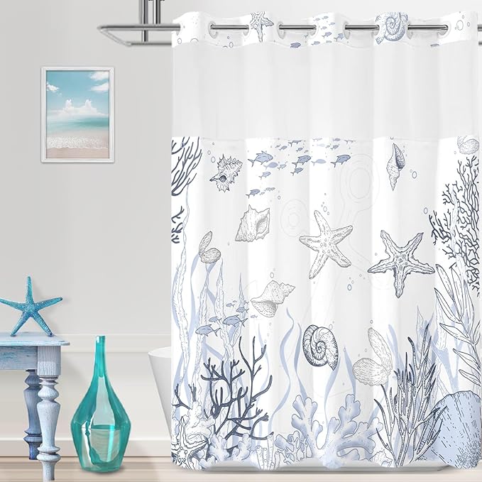 No Hook Shower Curtain with Snap in Liner, Beach Ocean Nautical Coastal Shower by TWLSNCD