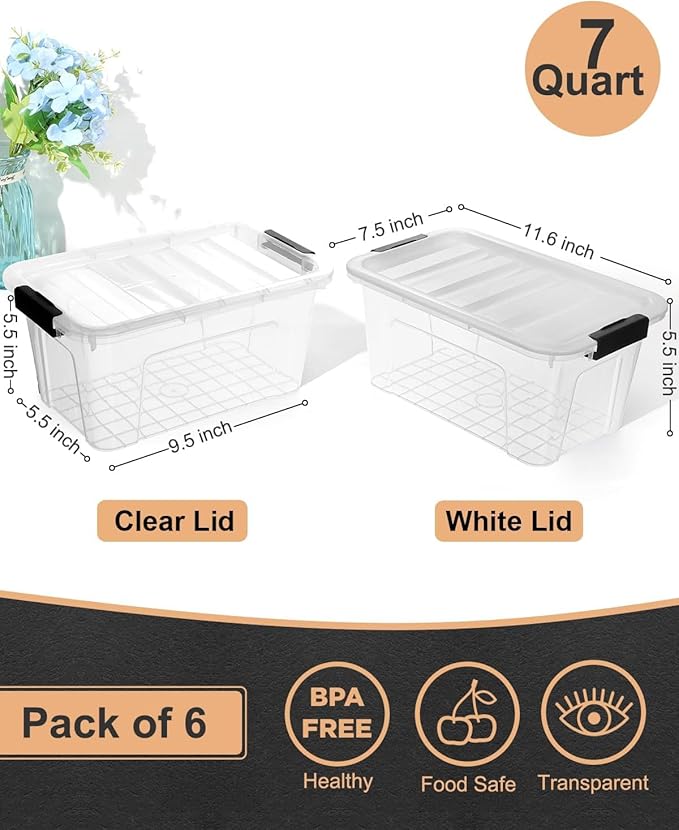 Plastic Storage Bins with Lids 6 Pack, 7 Quart Storage Containers with Black - Image 2
