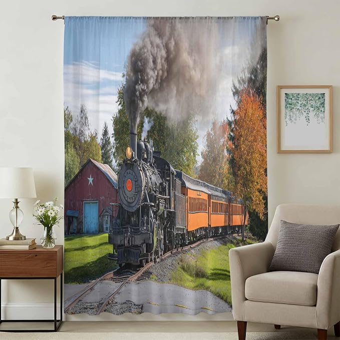 Steam Train Sheer Curtains 72 Inch Length Railroad Country Barn Rustic Trees - Image 3