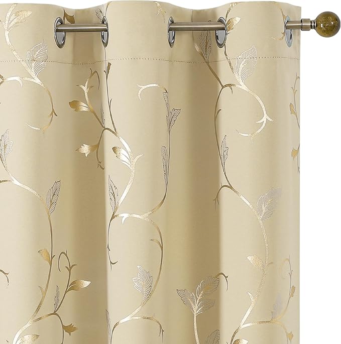 BUHUA Blackout Curtains Gold Foil Print Flower Vine Grommet Drapes, Room by BUHUA