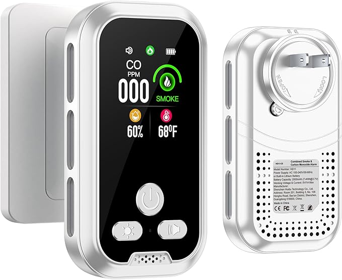 4in1 Plug in Smoke & Carbon Monoxide Detector Combination Builti-in 2000mAh by HAKINAKU
