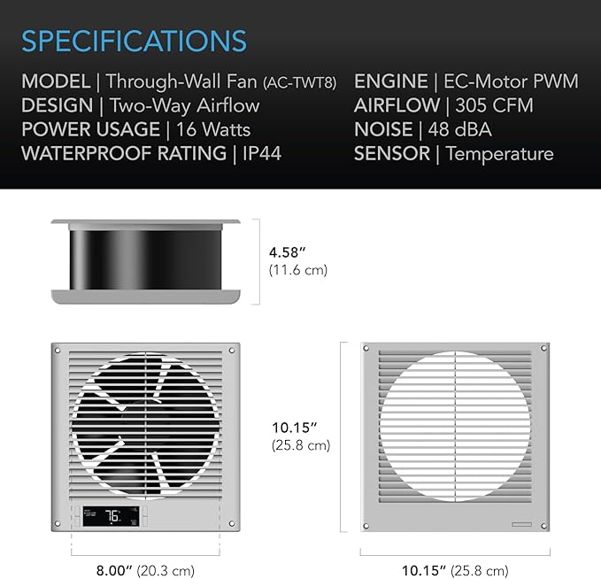 AC Infinity Room to Room Fan 8”, Two-Way Reversible Airflow Through-the-Wall Fan - Image 6