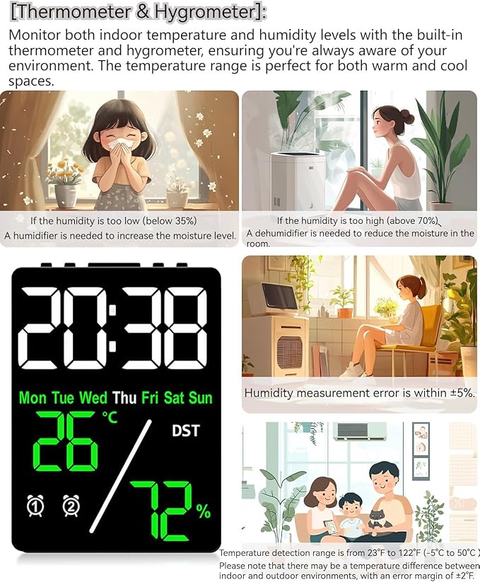 Digital LED Alarm Clock with Thermo-Hygrometer, Dual Alarms, Date & Year Display - Image 5