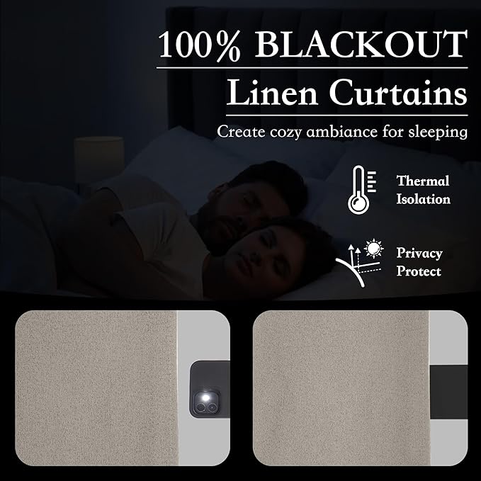 RYB HOME 100% Blackout Silver Grey Curtains, Privacy Flax Linen Drapery - Image 3