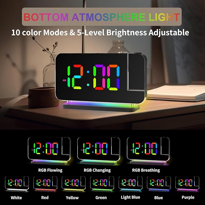 Projection Alarm Clock for Bedroom Ceiling, RGB Digital Clocks Radio - Image 5