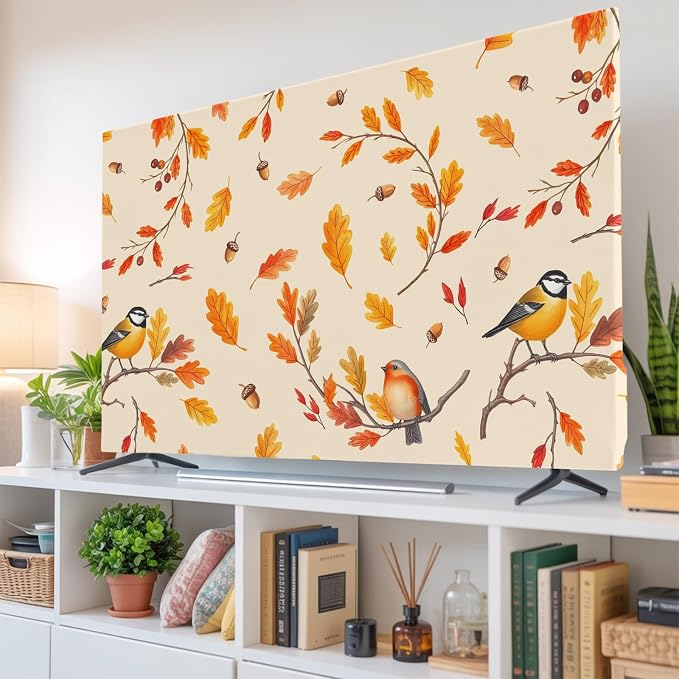 Thanksgiving Autumn Sparrows on Orange Indoor TV Cover, Elastic TV Screen by Unknown
