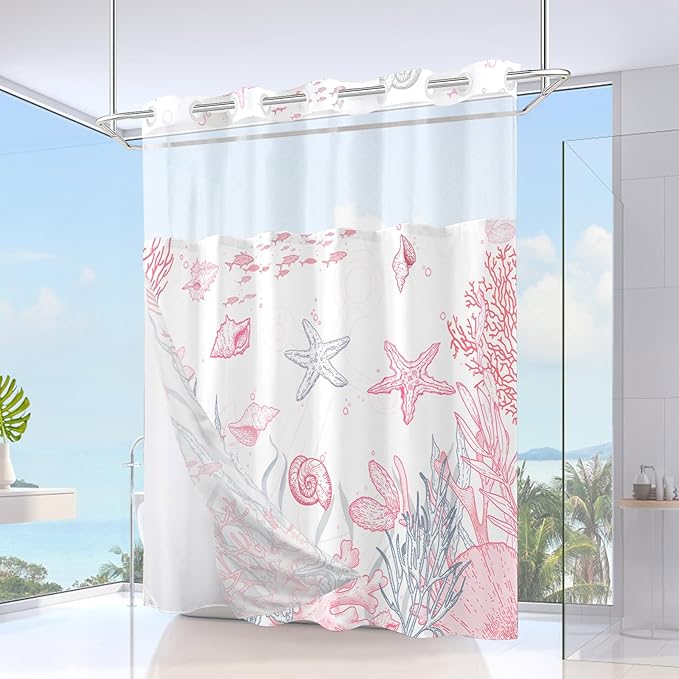 No Hook Shower Curtain with Snap in Liner, Beach Ocean Nautical Coastal Shower - Image 2
