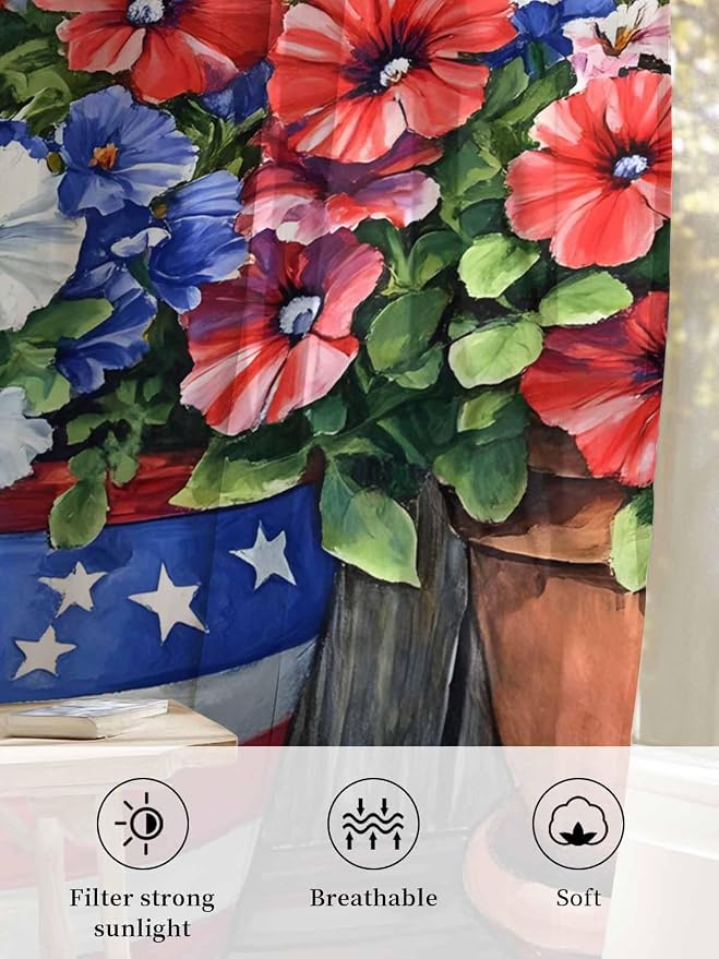 Sheer Curtains 54 Inch Length, Retro Independence Day Flag Wood Grain Privacy - Image 6