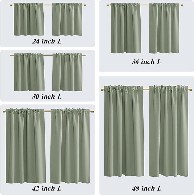Green Blackout Curtains for Small Window Set, Darkening Room Curtains 2 Panels - Image 2