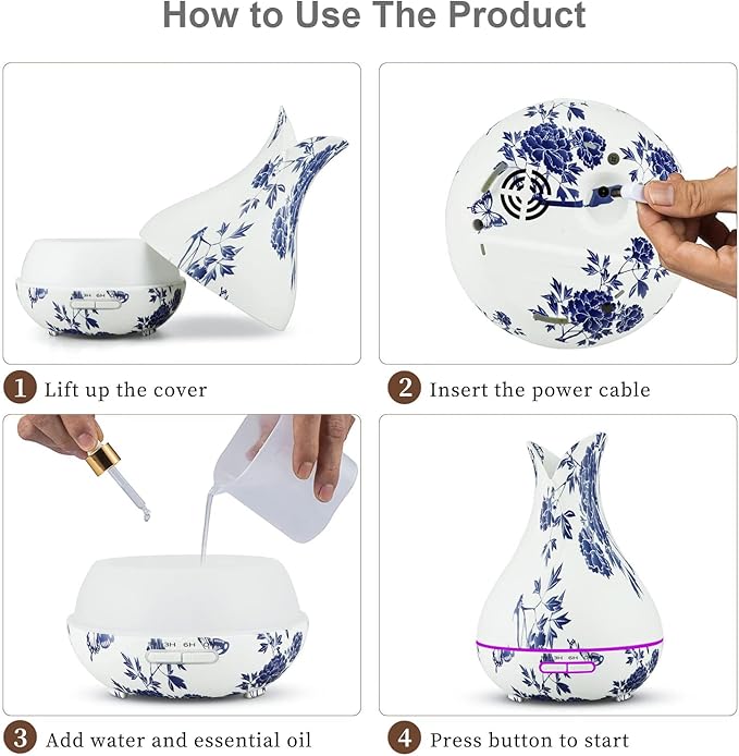 Oriental Blue-and-White Floral Pattern Grain Aroma Diffuser Ultrasonic Cool - Image 7