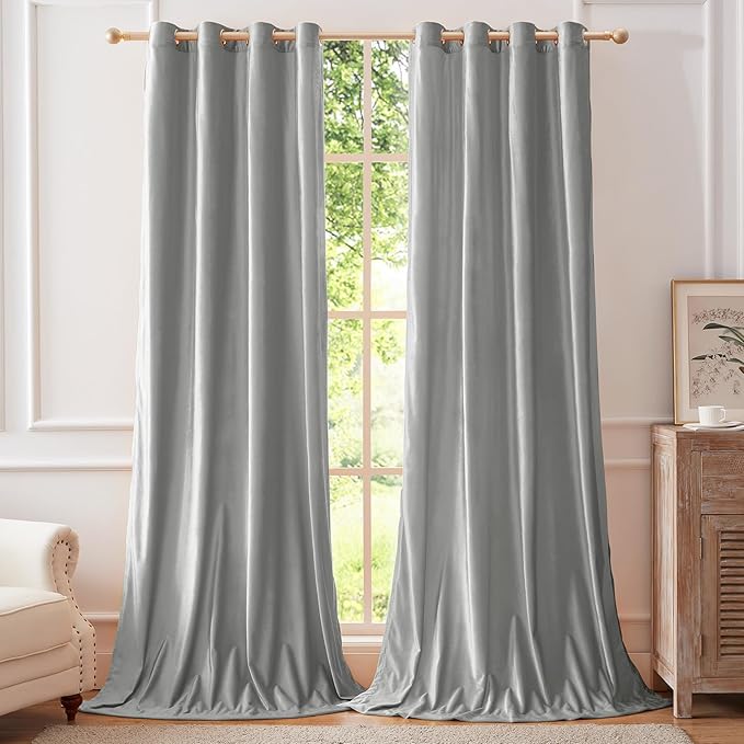 BULBUL Light Grey Velvet Curtains 63 inch Luxury Elegant Living Room Curtain - Image 6