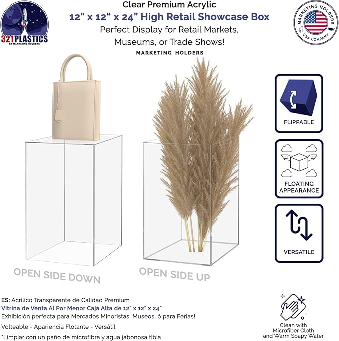 Tall Display Box Clear Acrylic 12" x 12” x 24” No Lid Hollow Pedestal 5 Sided - Image 3