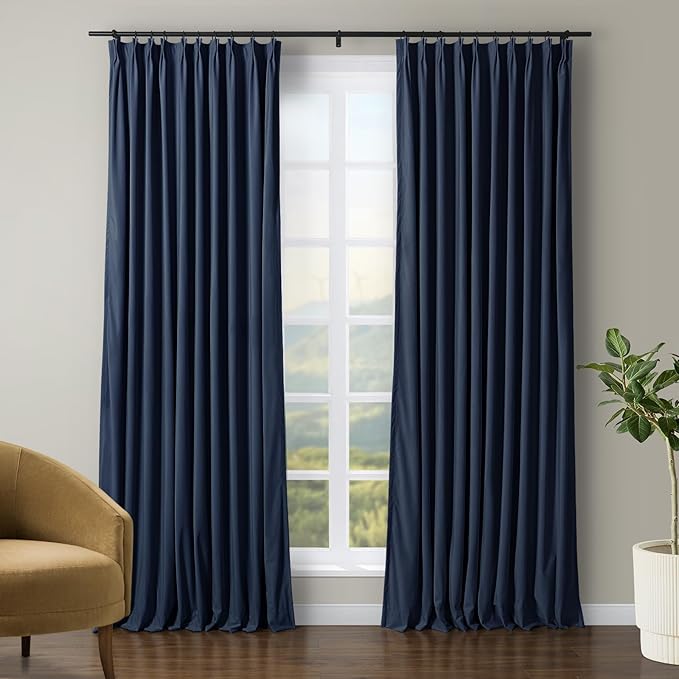 TWOPAGES Luxury Velvet Curtain Pinch Pleated Navy Blue Curtain 96 inch Long by TWOPAGES