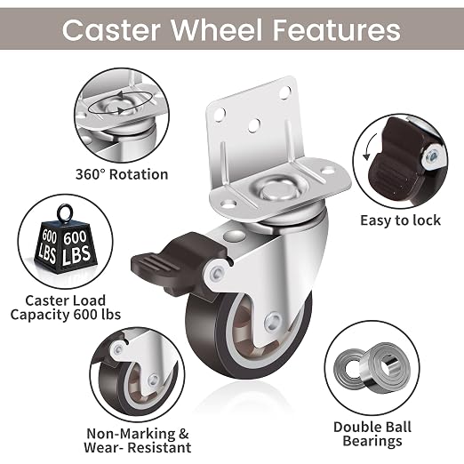 Nefish 2 Inch Side Mount Casters 8 Pack, L-Shaped TPR Rubber Caster Set of 8 - Image 4