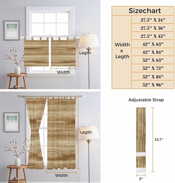 Light Brown Wood Grain Bathroom Curtains 63 Inch Length, Window Curtains Tab Top - Image 8