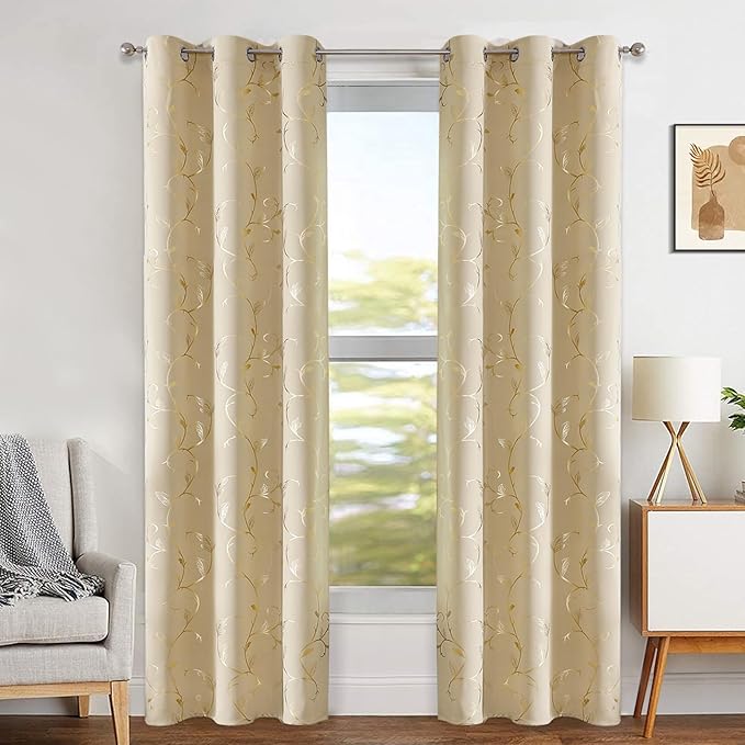BUHUA Blackout Curtains Gold Foil Print Flower Vine Grommet Drapes, Room - Image 2