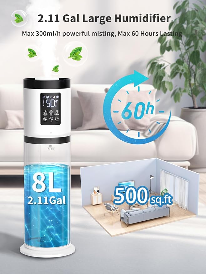 8L Humidifiers for Bedroom, 30dB Quiet, 500ft² Coverage, 60H Runtime, Top Fill - Image 2