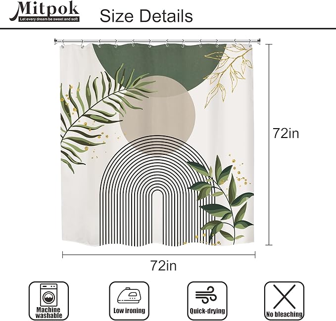 Green Boho Mid Century Shower Curtain 72Wx72H Abstract Gold Leaves Grey Modern - Image 3