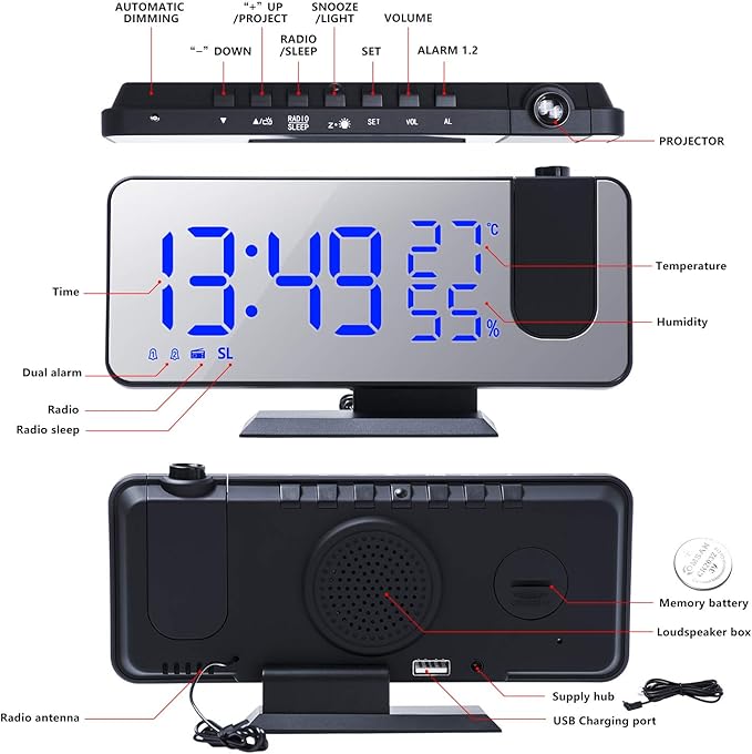 Projection Digital Alarm Clock for Bedrooms, Alarm Clock Radio on Ceiling - Image 5