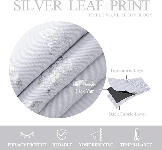 BUHUA Greyish White Blackout Curtain 2 Panel Set Silver Vine Foil Print Thermal - Image 6