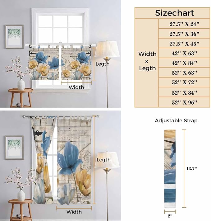 Blue Yellow Tulips Bedroom Curtains 63 Inch Length, Window Curtains Tab Top - Image 8