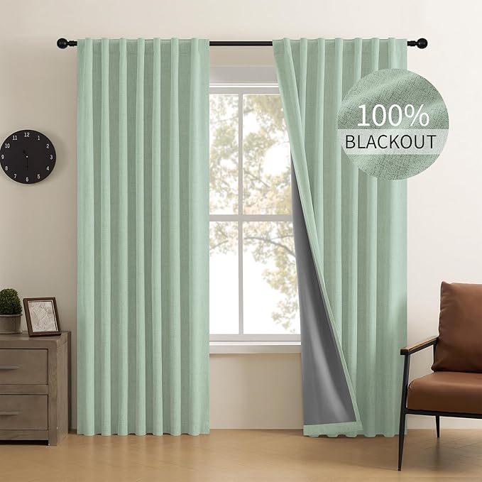 CUCRAF Linen 100% Blackout Curtains 72 Inch Length 2 Panels Set, Back Tab and by CUCRAF