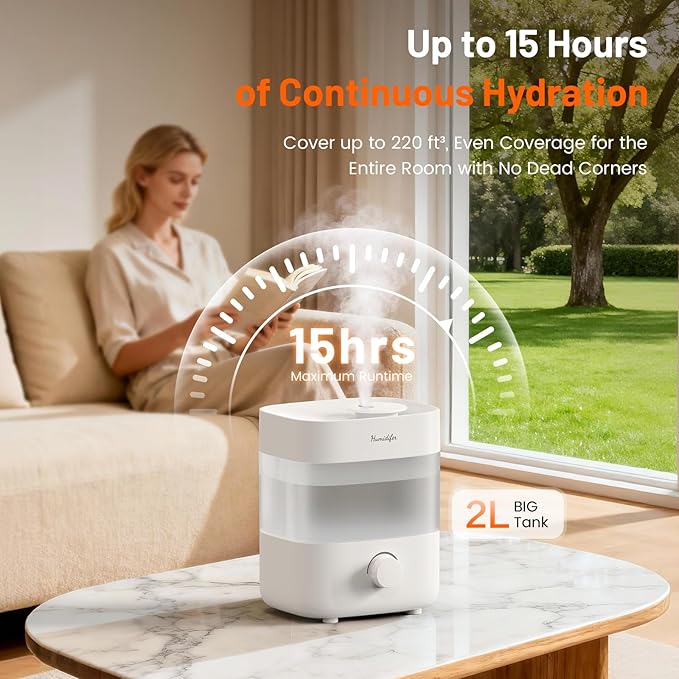 Humidifiers for Bedroom, 2L Tank for 15H, 20dB Quiet Mist Time, Dual Nozzles - Image 3
