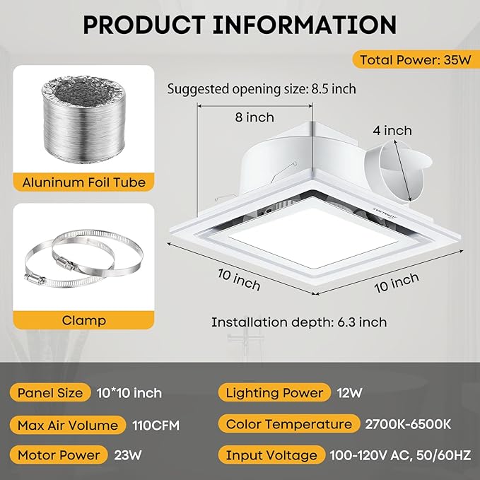 Bathroom Exhaust Fan with Light 10" Ultra Quiet 1.0 Sones, Exhaust Fan Mounting - Image 6