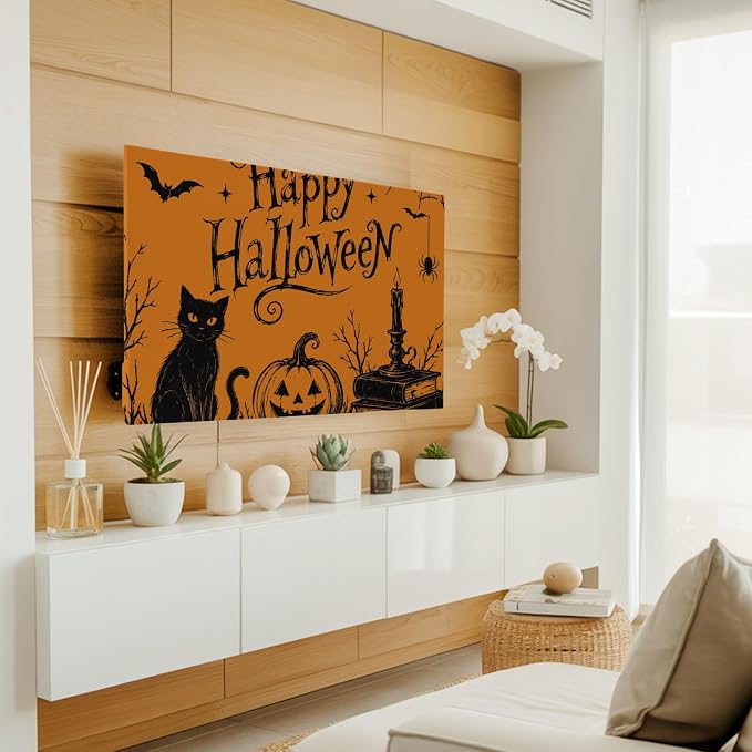 Halloween Black Cat Pumpkin Dead Trees Indoor TV Cover, Elastic TV Screen - Image 3