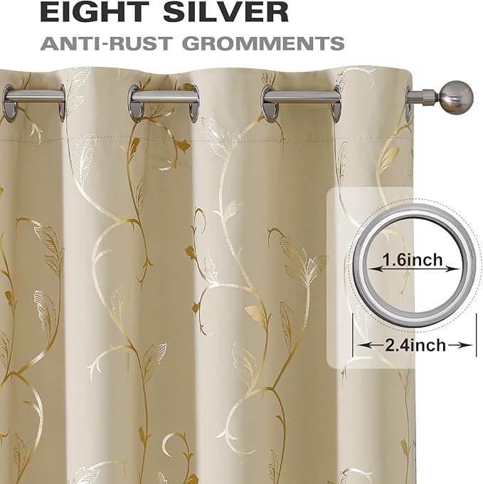 BUHUA Blackout Curtains Gold Foil Print Flower Vine Grommet Drapes, Room - Image 4