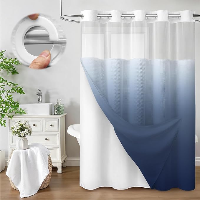 No Hook Shower Curtain and Liner Set, Ombre Blue Hotel Waffle Shower Curtain by Unknown