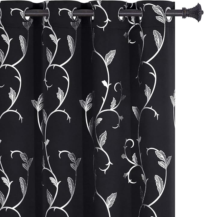 BUHUA Blackout Curtain 2 Panel Set Silver Vine Foil Print Thermal Insulated by BUHUA