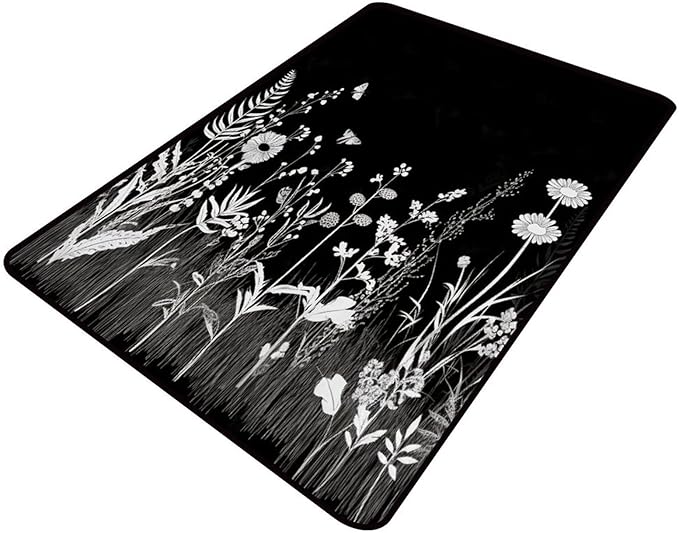 Shag Carpet Black and White Field Flower Pattern Drawing Foldable Area Rugs by Snarena