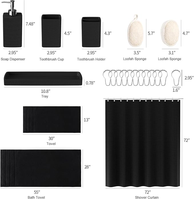 Resin Black Bathroom Sets, Bath Towel Set, Natural Loofah Sponge, Soap Dispenser - Image 8