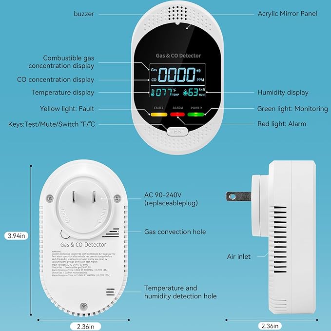 Plug in Carbon Monoxide Detector Combustible Gases Detectors, 4-in-1 Co & - Image 3