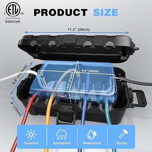 Flemoon Medium Outdoor Electrical Box, IP54 Waterproof Extension Cord Cover w/6 - Image 3