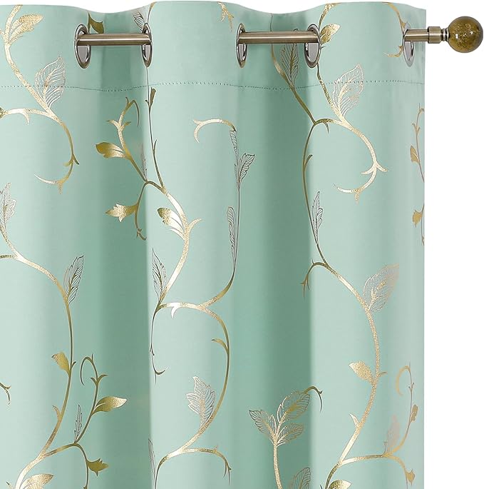 BUHUA Blackout Curtains Gold Foil Print Flower Vine Grommet Drapes, Room by BUHUA