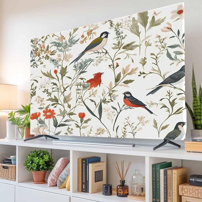 Spring Orange Flowers Birds Indoor TV Cover, Elastic TV Screen Protector Farm by Unknown