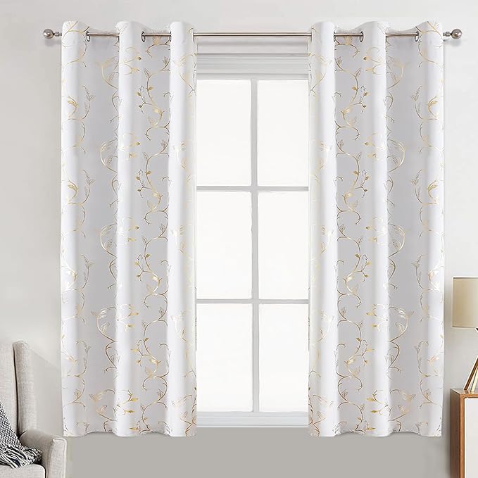 BUHUA Blackout Curtains Gold Foil Print Flower Vine Grommet Drapes, Room by BUHUA