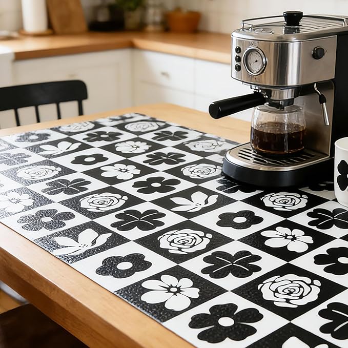 Shelf Liners Non Adhesive Black & White Checkerboard Floral - Image 7