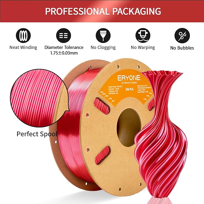 ERYONE Silk PLA Filament for 3D Printer, 1.75mm +/- 0.03mm, Silk Metallic - Image 3