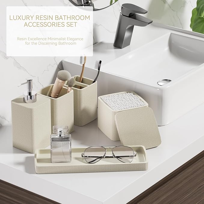 Beige Bathroom Accessories Set 5 Pieces, Resin Toothbrush Holders Set Complete - Image 6