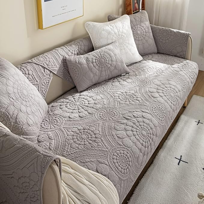 vctops Boho Circle Embroidery Couch Sofa Cover Solid Color Cotton Quilted - Image 4
