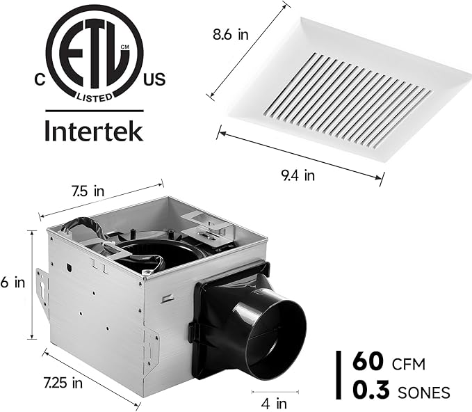 Tech Drive Bathroom Exhaust Fan 60 CFM, 0.3 Sone, 4-Inch Duct, No Attic Access - Image 2