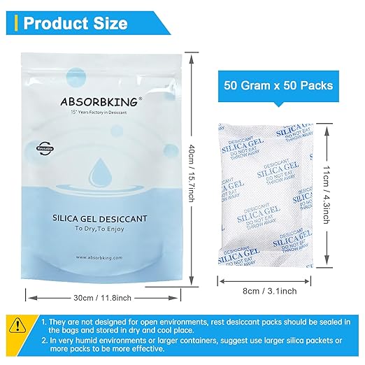 Silica Gel Packets – 50 Gram 50 Packs Moisture Absorbers, Desiccant Packs - Image 3